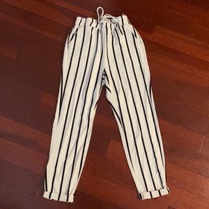 White and black striped pants with drawstring